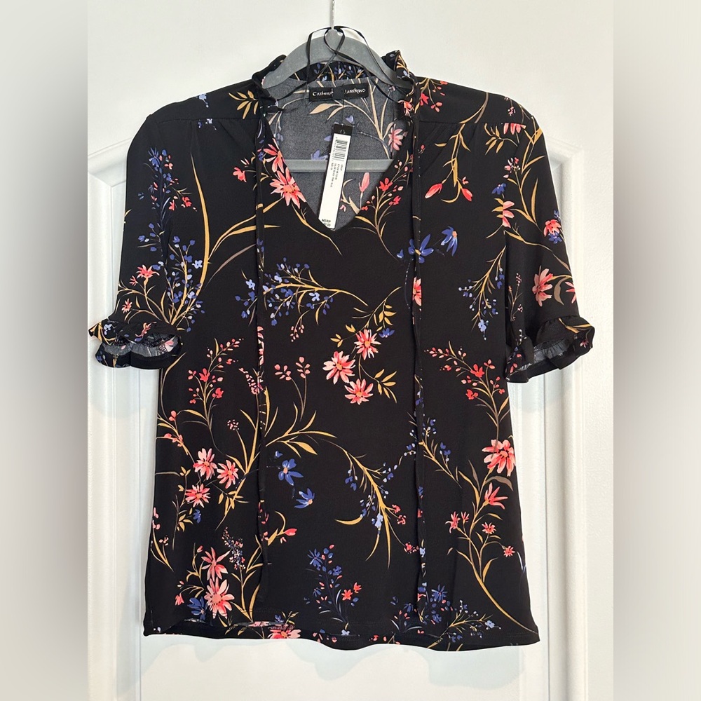 Catherine Malandrino short sleeve black floral top with sleeve/collar ruffles